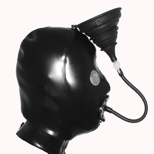A black inflatable head-shaped mask or face covering with an attached curved hose and small circular valve, shown on a plain light background.