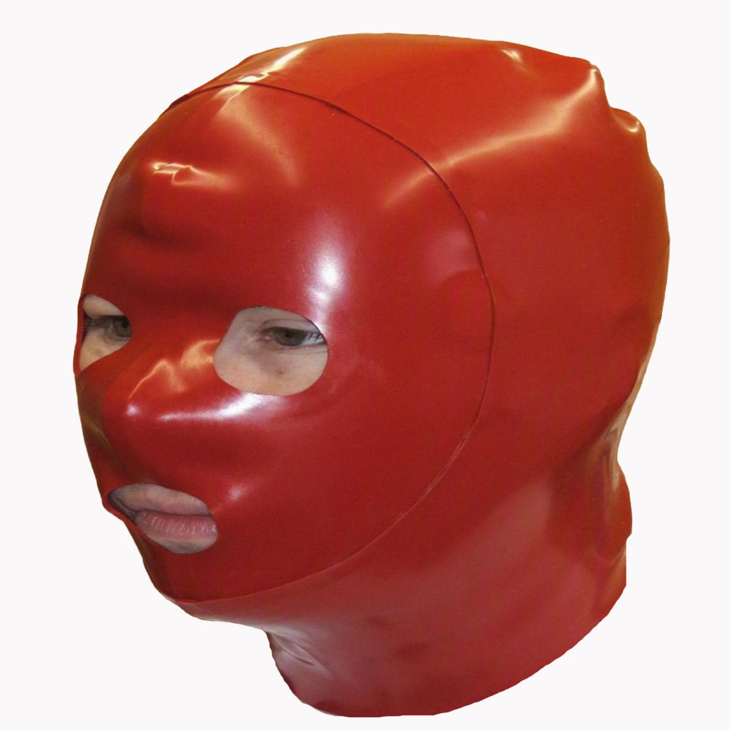 A glossy red latex hood or mask with cutouts for the eyes, nose, and mouth, shown against a plain white background.