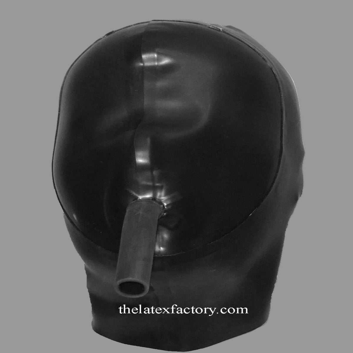 black latex hood with no eyes and breathing pipe