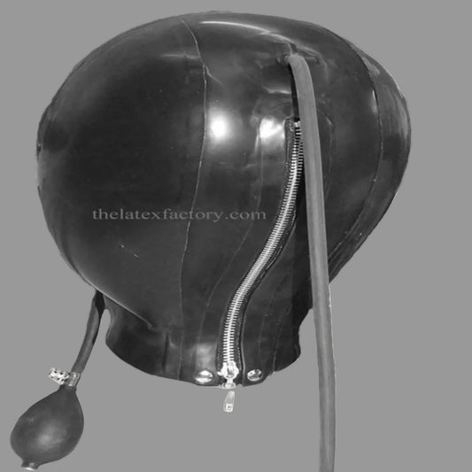 Black latex inflatable hood with mouthpice