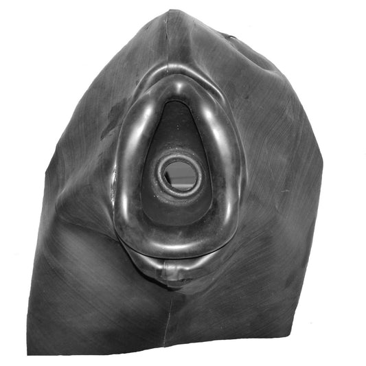 Inside view of latex medical mask hood showing internal structure, UK handmade