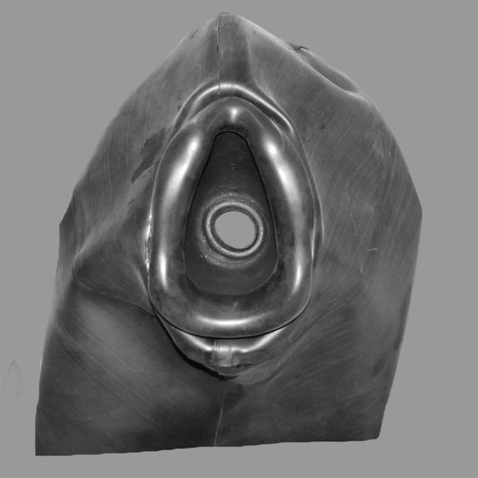 Inside view of latex medical mask hood showing internal structure, UK handmade