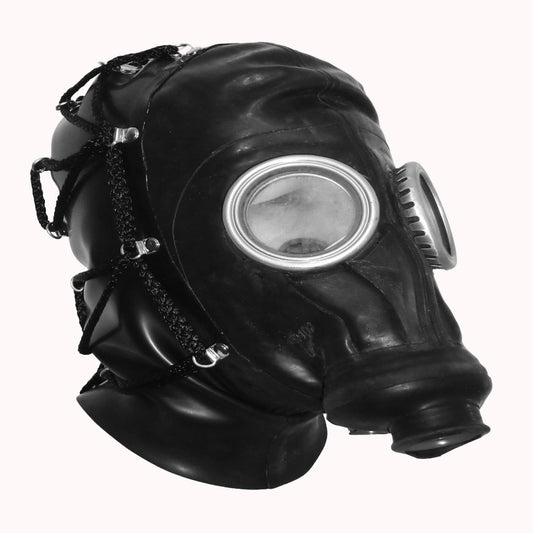 A black rubber gas mask with a large circular clear viewing lens, side filter canister, and adjustable straps, shown against a plain light background.