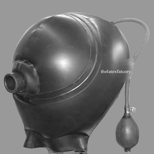 Inflatable latex hood with hard tube mouthpiece double skinned bondage hood handmade in UK