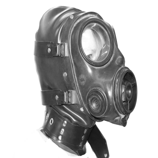hand made latex back on gas mask hood