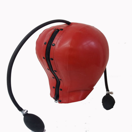 Red inflatable latex medical mask hood, handmade in UK from premium rubber