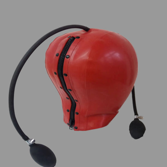 Red inflatable latex medical mask hood, handmade in UK from premium rubber