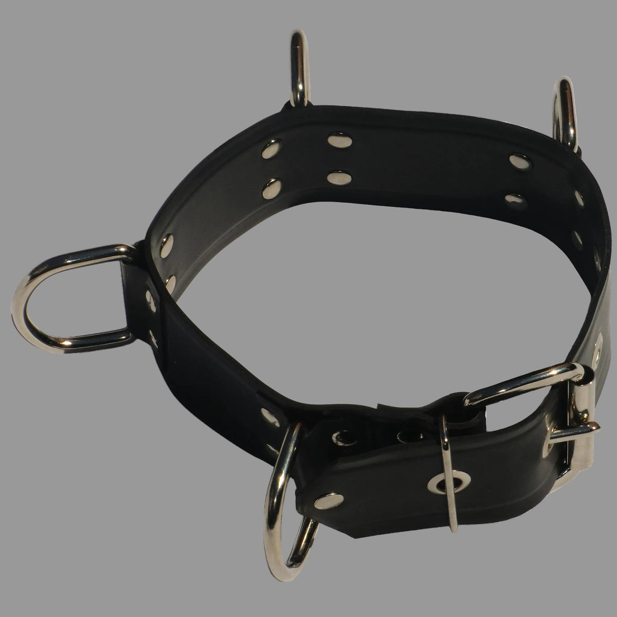Heavyweight 1.00mm latex belt with reinforced D-rings and canvas backing, handmade in the UK by The Latex Factory