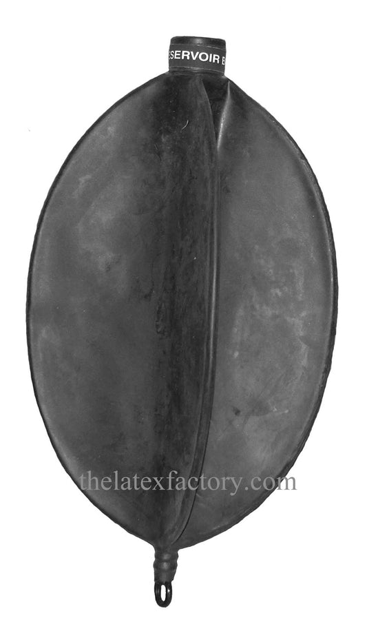 A black latex balloon or bladder with a central seam, featuring a small black cap at the top with the partial text 'SERVOIR' and a metal loop at the bottom, shown against a white background.