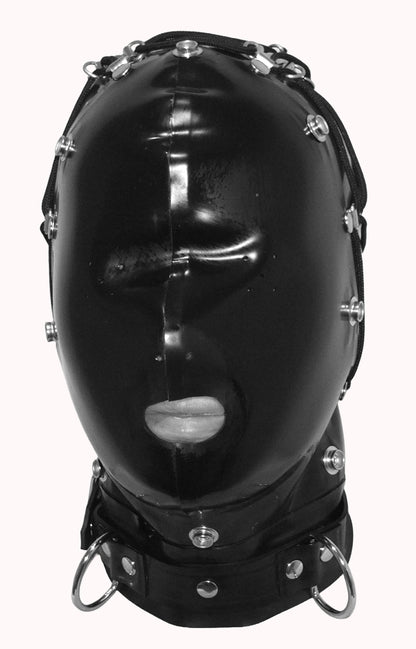 Latex Bondage Hood with Removable Front Cover and Tie Back