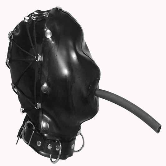Black LATEX hood with metal studs, straps, and a protruding tube, shown against a plain light background.