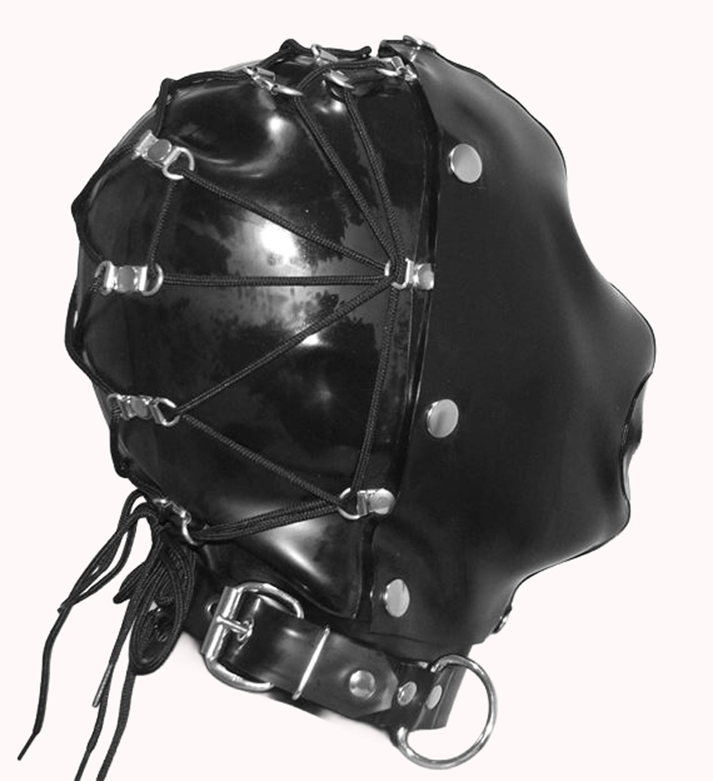 Latex Bondage Hood with Removable Front Cover and Tie Back