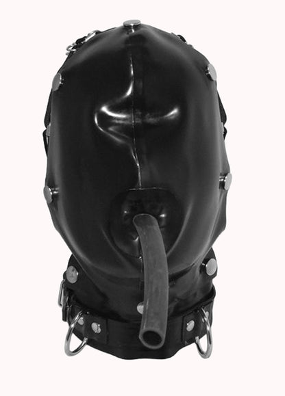 Latex Bondage Hood with Removable Front Cover and Tie Back