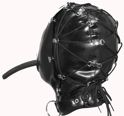 Latex Bondage Hood with Removable Front Cover and Tie Back