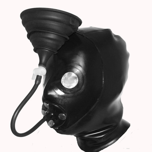 Black inflatable gag mask with a funnel-shaped mouthpiece and attached hose, shown on a plain light background.