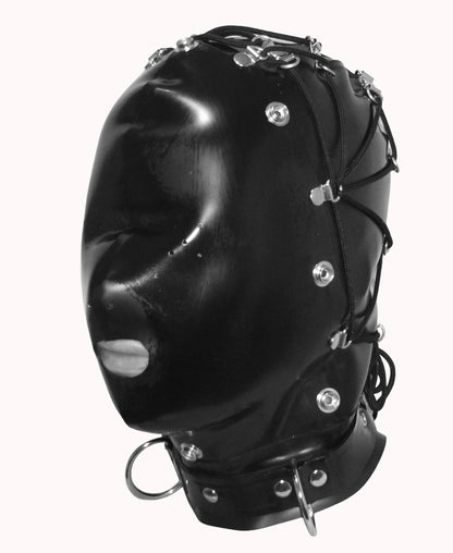 Latex Bondage Hood with Removable Front Cover and Tie Back