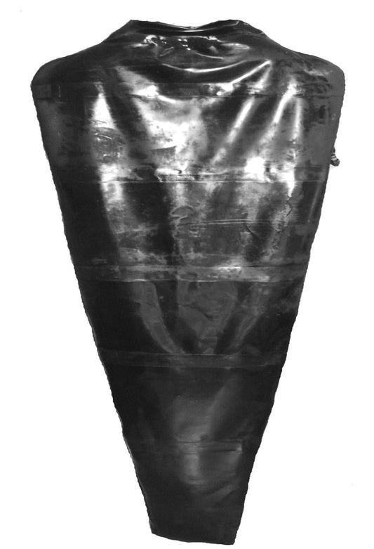 A black shiny inflatable latex  body bag or costume vest with neck seal

