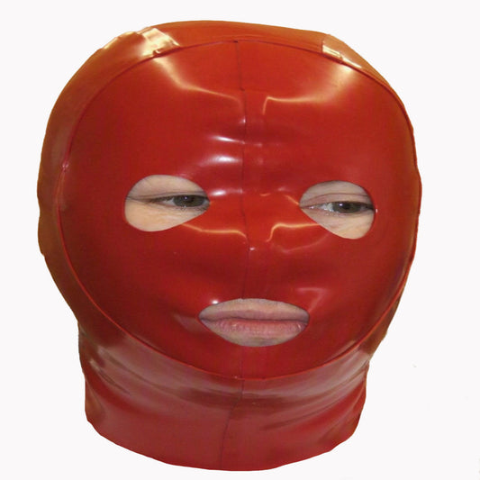 A glossy red latex hood or mask with cutouts for the eyes and mouth, displayed on a plain white background.