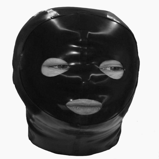 A glossy black latex balaclava mask with eye and mouth cutouts, shown against a plain white background.