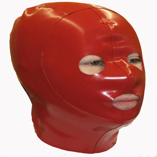 A glossy red latex hood or balaclava mask with cutouts for the eyes, nose, and mouth, shown on a white background.