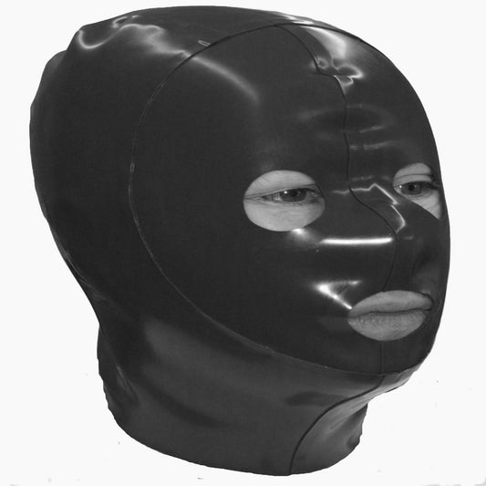 A shiny black latex or rubber full-head mask with eye and mouth cutouts, shown on a plain white background.