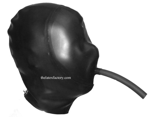 Black latex hood with breathing pipe on a white background