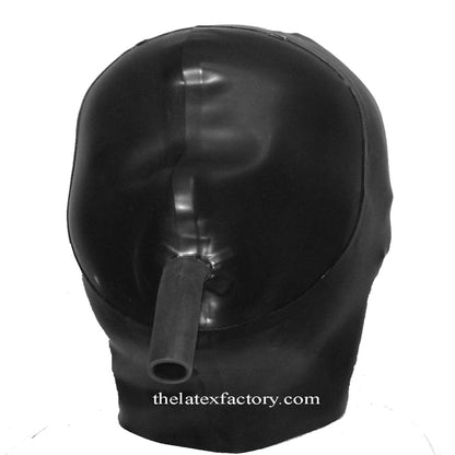 black latex hood with no eyes and breathing pipe