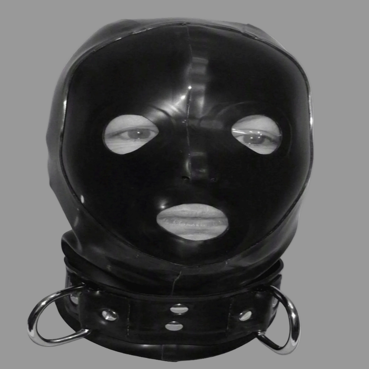 "Handmade 1.00mm latex rubber hood with reinforced neck belt and D-rings, made in the UK"
