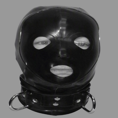 "Handmade 1.00mm latex rubber hood with reinforced neck belt and D-rings, made in the UK"