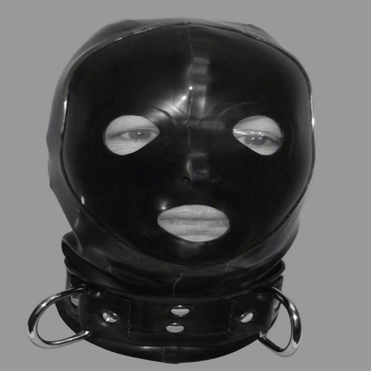 "Handmade 1.00mm latex rubber hood with reinforced neck belt and D-rings, made in the UK"