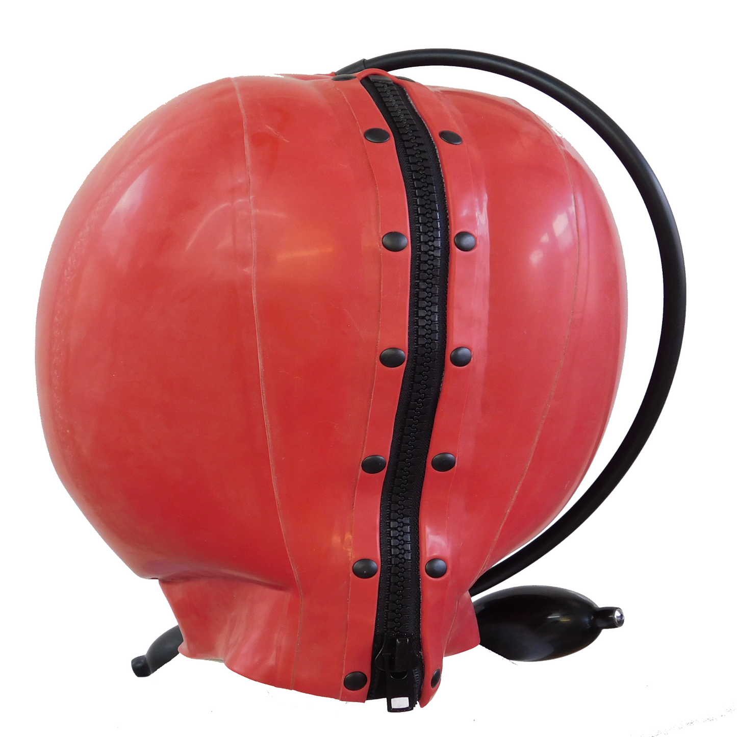 close-up of riveted zipper on latex hood for extra strength and durability"