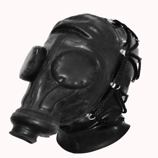 A glossy black rubber gas mask with side straps and metal hardware, shown on a plain light background.