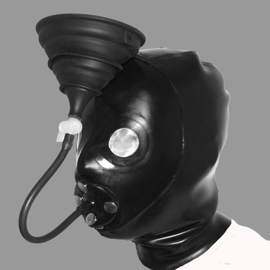 Black inflatable gag mask with a funnel-shaped mouthpiece and attached hose, shown on a plain light background.