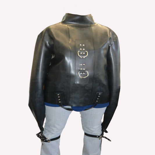 front view straight jacket heavy thick latex rubber
