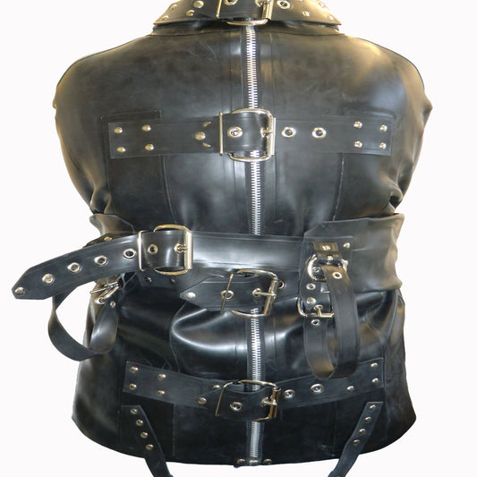 black latex straight jacket with belts