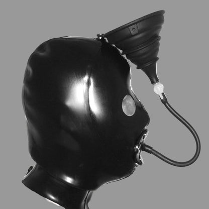 A black inflatable head-shaped mask or face covering with an attached curved hose and small circular valve, shown on a plain light background.